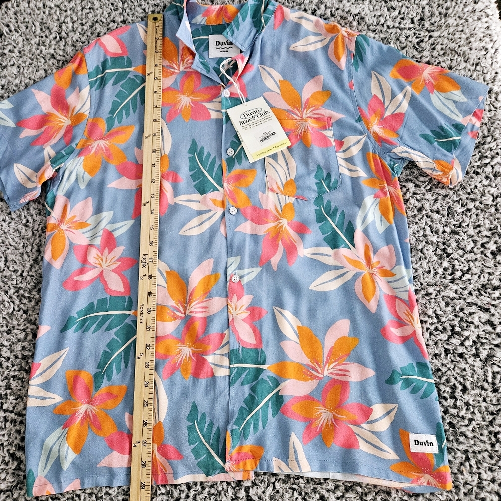 Duvin Mens Hawaiian Shirt Medium M Short Sleeve Button Up Floral Tropical Beach - Picture 12 of 14